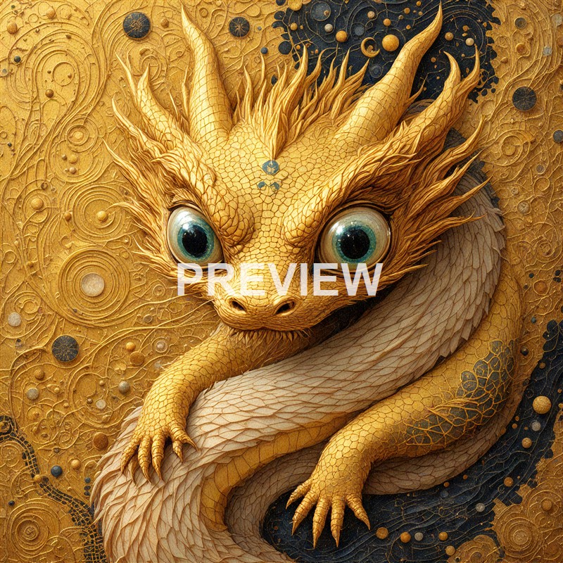 A fantastical creature with a dragon-like body, large piercing blue eyes, and a textured golden-scaled skin, set against an intricate, swirling gold and black background.